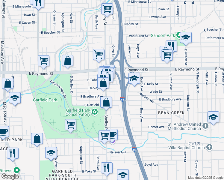 map of restaurants, bars, coffee shops, grocery stores, and more near 1117 Wade Street in Indianapolis