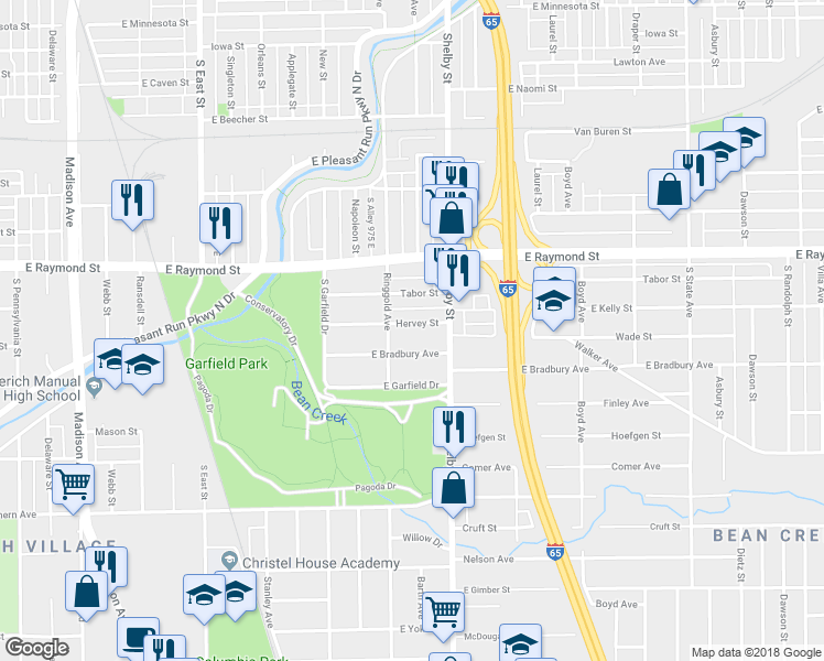 map of restaurants, bars, coffee shops, grocery stores, and more near 1040 East Bradbury Avenue in Indianapolis