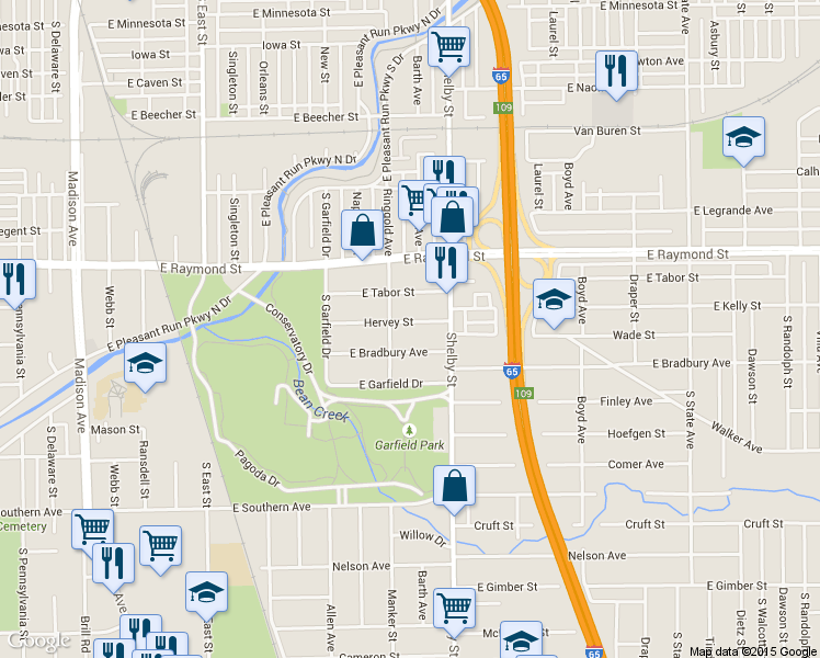 map of restaurants, bars, coffee shops, grocery stores, and more near 2305 Ringgold Avenue in Indianapolis