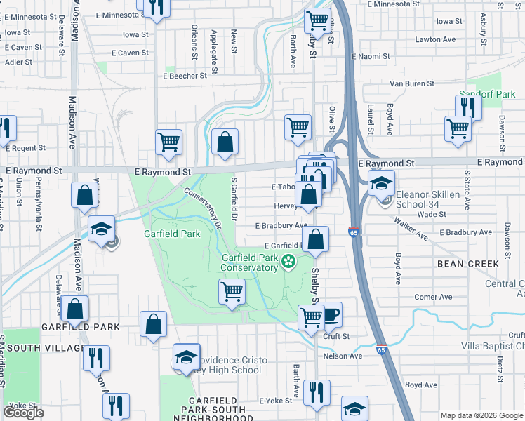map of restaurants, bars, coffee shops, grocery stores, and more near 928 East Bradbury Avenue in Indianapolis
