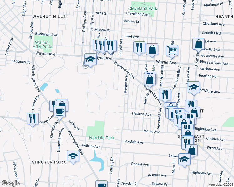 map of restaurants, bars, coffee shops, grocery stores, and more near 2323 Mapleview Avenue in Dayton