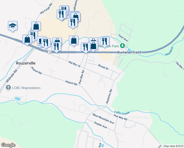 map of restaurants, bars, coffee shops, grocery stores, and more near 11842 Old Route 16 in Waynesboro