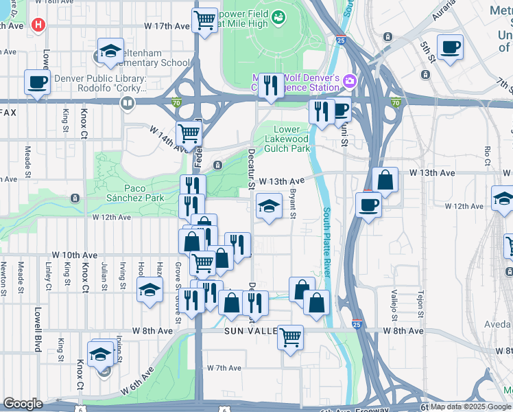 map of restaurants, bars, coffee shops, grocery stores, and more near 1230 Decatur Street in Denver
