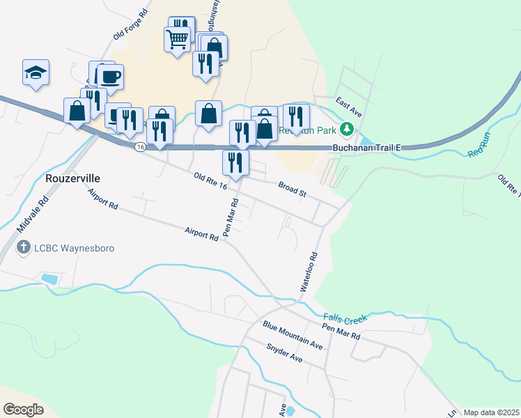 map of restaurants, bars, coffee shops, grocery stores, and more near 11842 Old Route 16 in Waynesboro
