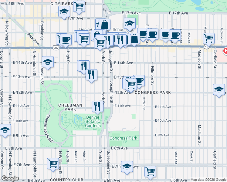 map of restaurants, bars, coffee shops, grocery stores, and more near 1200 Josephine Street in Denver