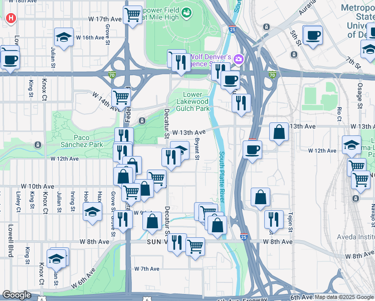 map of restaurants, bars, coffee shops, grocery stores, and more near 2660 West Holden Place in Denver