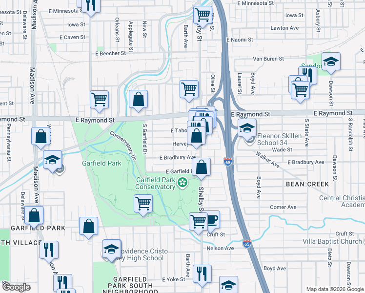 map of restaurants, bars, coffee shops, grocery stores, and more near 2305 Ringgold Avenue in Indianapolis