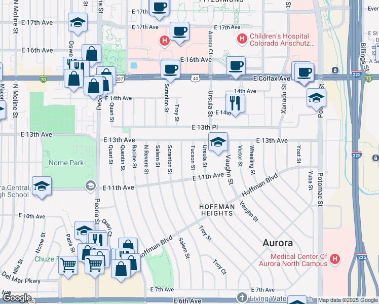 map of restaurants, bars, coffee shops, grocery stores, and more near 1203 Tucson Street in Aurora