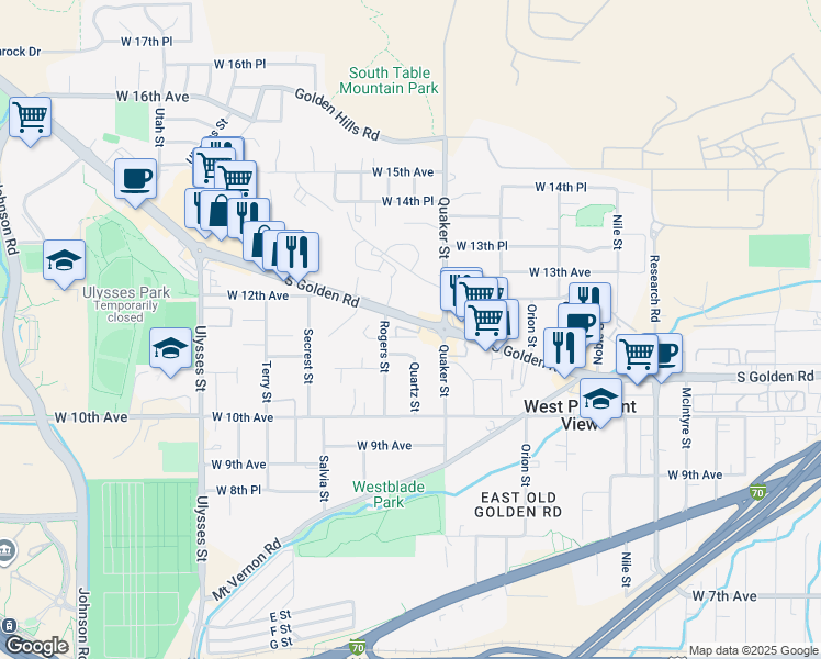 map of restaurants, bars, coffee shops, grocery stores, and more near 16500 South Golden Road in Golden