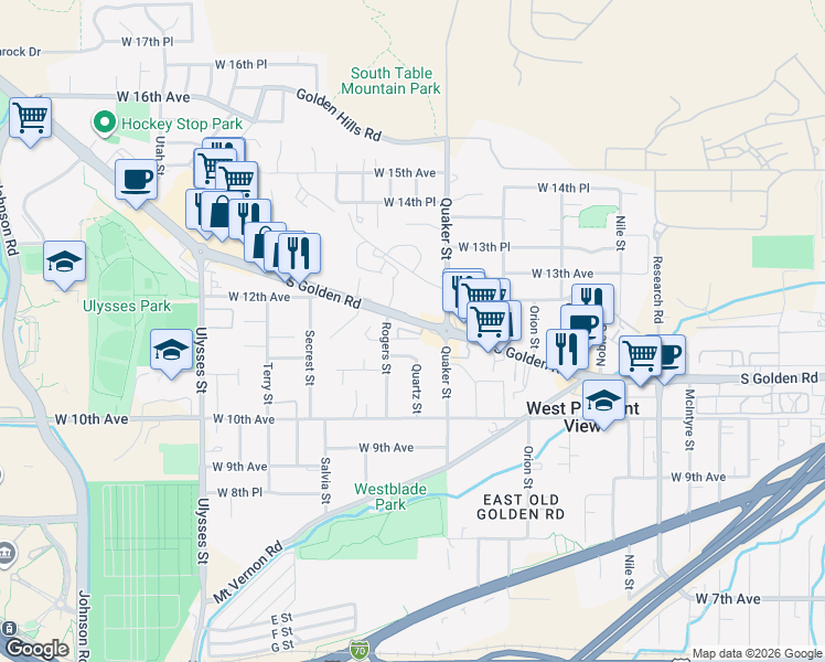 map of restaurants, bars, coffee shops, grocery stores, and more near 16545 West 11th Avenue in Golden