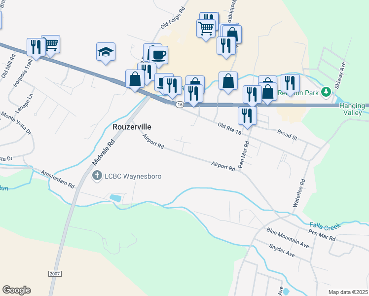 map of restaurants, bars, coffee shops, grocery stores, and more near 11457 Airport Road in Waynesboro