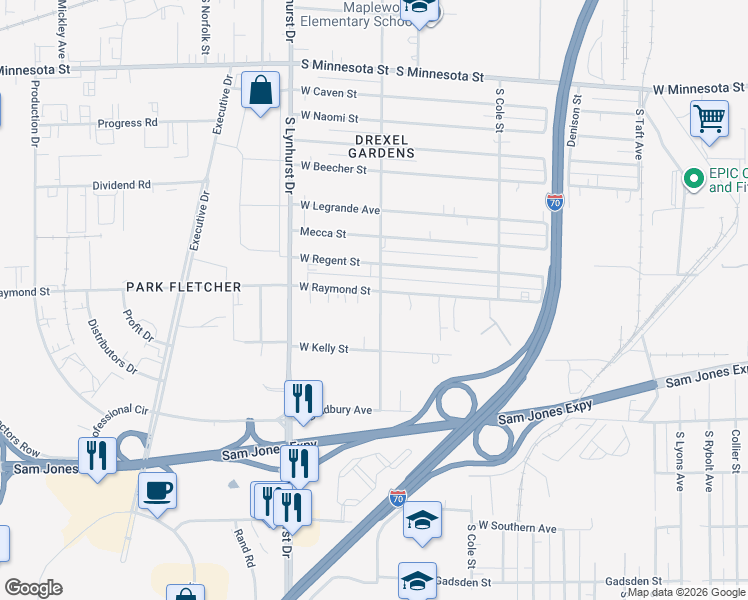 map of restaurants, bars, coffee shops, grocery stores, and more near 5100 West Raymond Street in Indianapolis