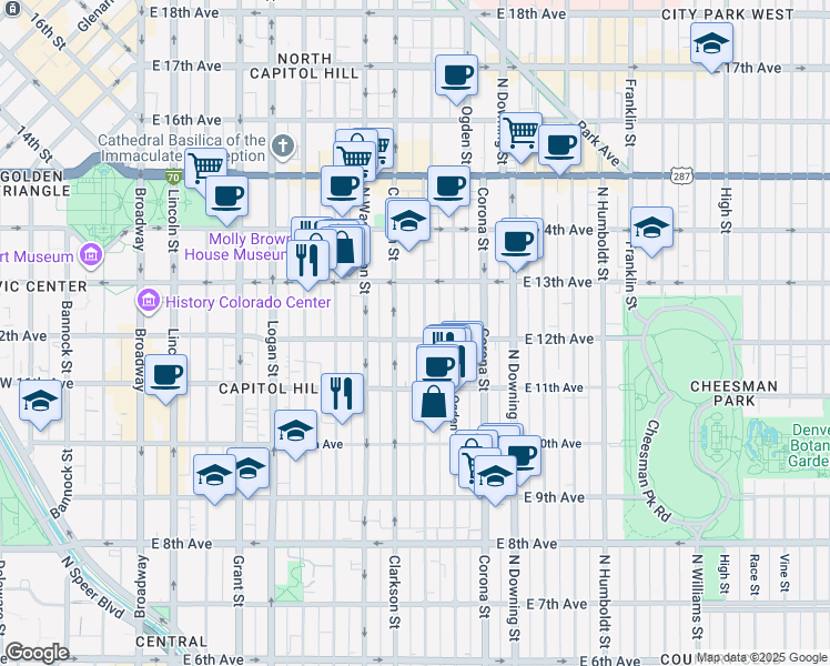map of restaurants, bars, coffee shops, grocery stores, and more near 1203 Emerson Street in Denver