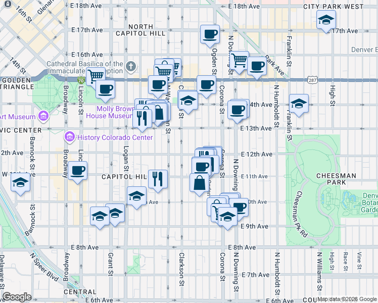 map of restaurants, bars, coffee shops, grocery stores, and more near 810 East 12th Avenue in Denver