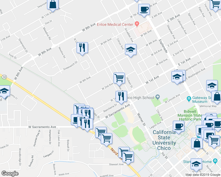 map of restaurants, bars, coffee shops, grocery stores, and more near 629 West 2nd Avenue in Chico