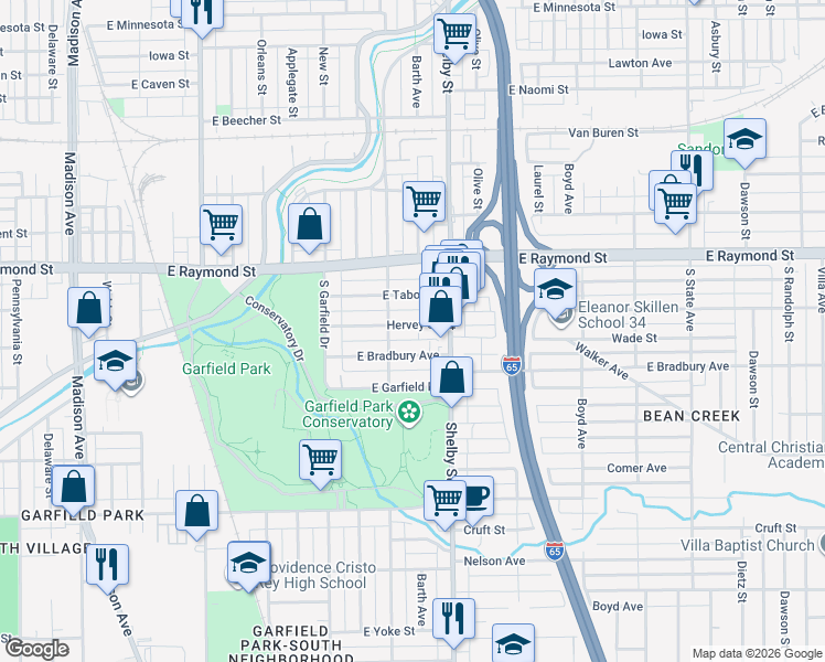 map of restaurants, bars, coffee shops, grocery stores, and more near 1040 East Bradbury Avenue in Indianapolis