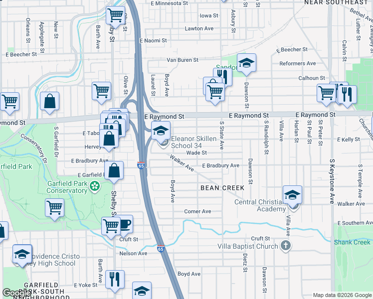 map of restaurants, bars, coffee shops, grocery stores, and more near 1539 Wade Street in Indianapolis