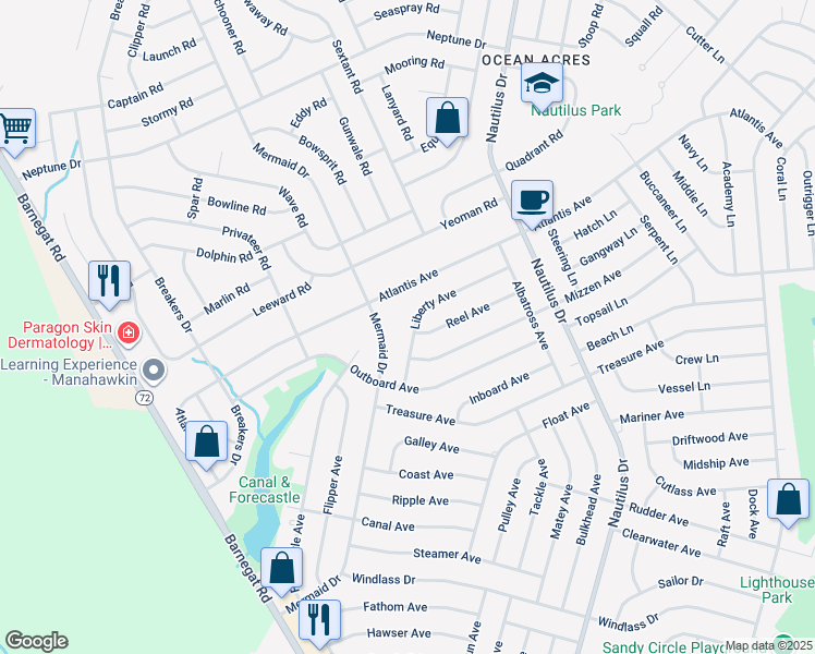 map of restaurants, bars, coffee shops, grocery stores, and more near 128 Liberty Avenue in Stafford Township