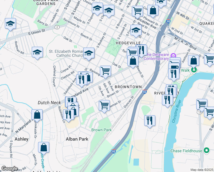 map of restaurants, bars, coffee shops, grocery stores, and more near 21 6th Avenue in Wilmington