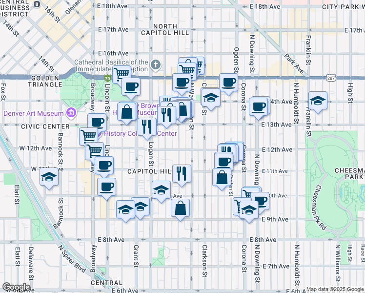 map of restaurants, bars, coffee shops, grocery stores, and more near 1200 Pearl Street in Denver