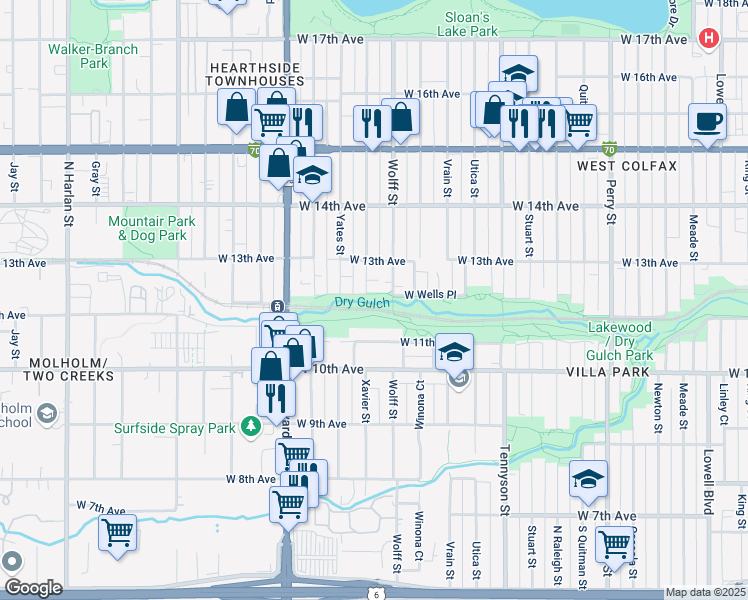 map of restaurants, bars, coffee shops, grocery stores, and more near 1200 Xavier Street in Denver