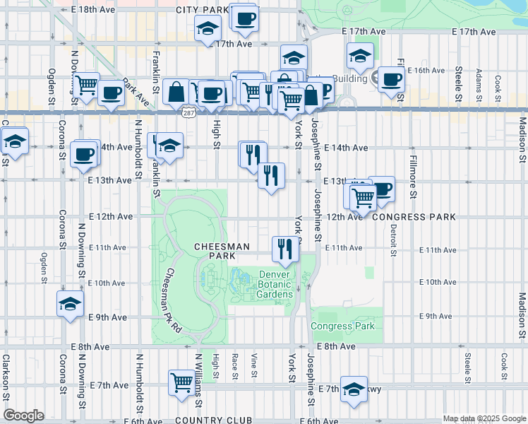 map of restaurants, bars, coffee shops, grocery stores, and more near 1200 Vine Street in Denver