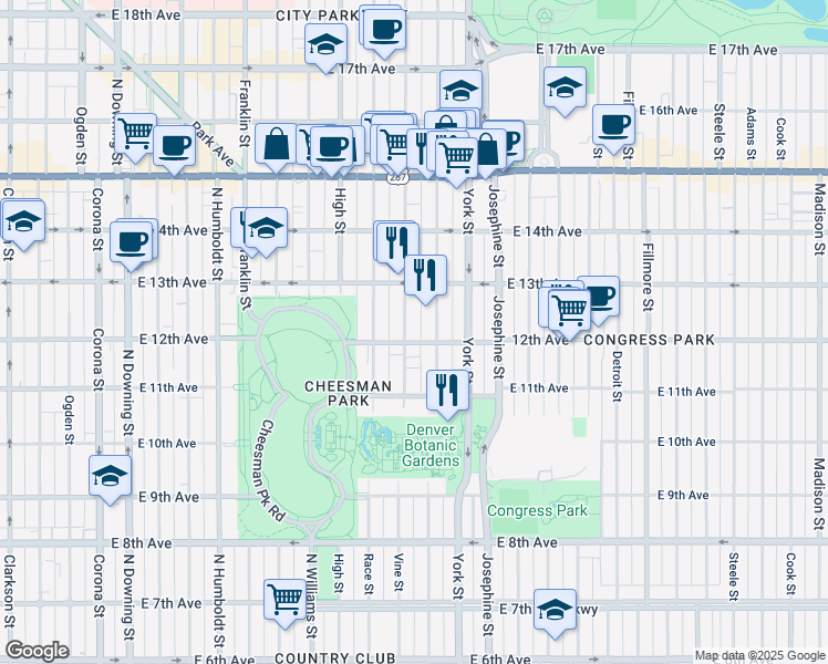 map of restaurants, bars, coffee shops, grocery stores, and more near 1200 Vine Street in Denver