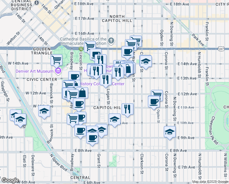 map of restaurants, bars, coffee shops, grocery stores, and more near 1207 Pennsylvania Street in Denver