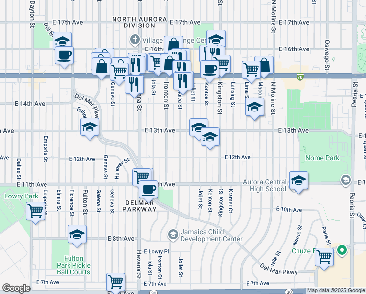 map of restaurants, bars, coffee shops, grocery stores, and more near 1226 Jamaica Street in Aurora