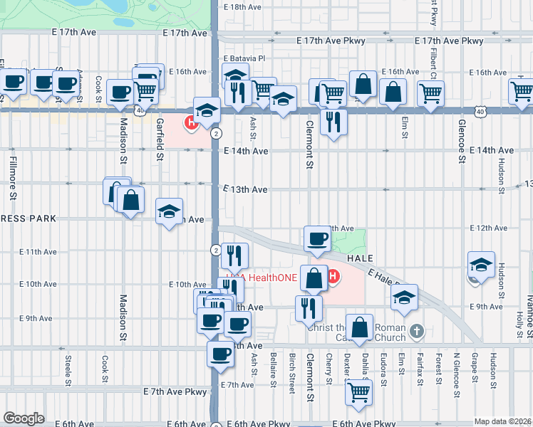 map of restaurants, bars, coffee shops, grocery stores, and more near 1210 Bellaire Street in Denver