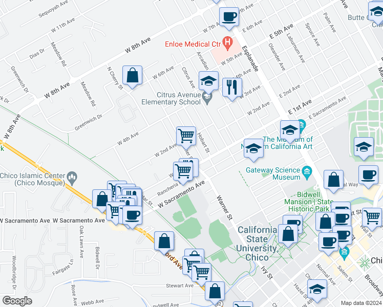 map of restaurants, bars, coffee shops, grocery stores, and more near 1146 Warner Street in Chico