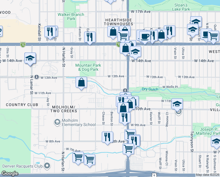map of restaurants, bars, coffee shops, grocery stores, and more near 1205 Benton Street in Lakewood
