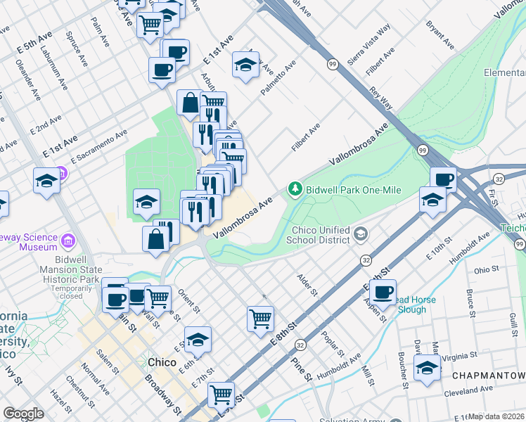 map of restaurants, bars, coffee shops, grocery stores, and more near 555 Vallombrosa Avenue in Chico