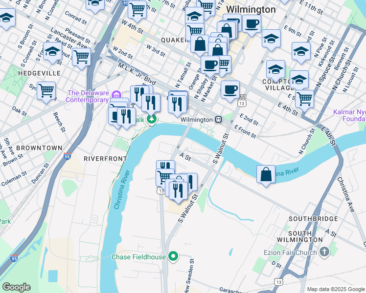map of restaurants, bars, coffee shops, grocery stores, and more near 105 Christina Landing Drive in Wilmington
