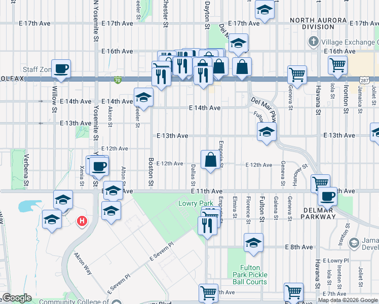 map of restaurants, bars, coffee shops, grocery stores, and more near 1225 Dallas Street in Aurora