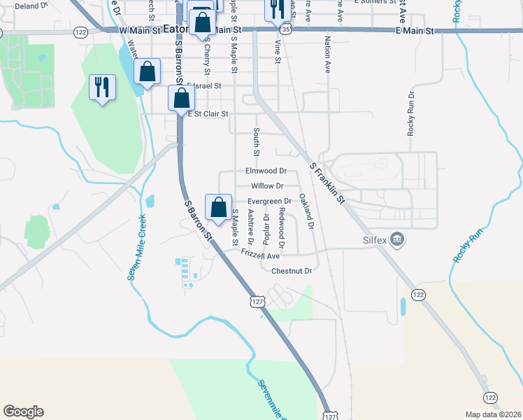 map of restaurants, bars, coffee shops, grocery stores, and more near 813 Poplar Drive in Eaton