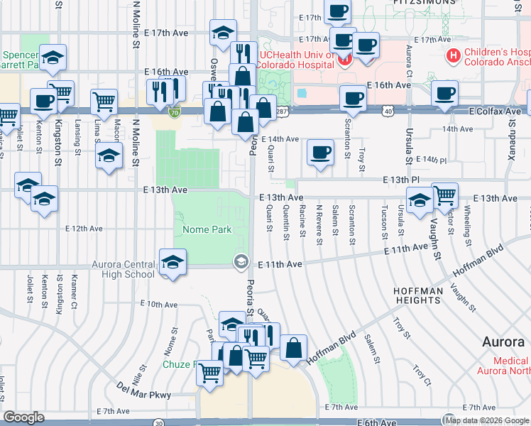 map of restaurants, bars, coffee shops, grocery stores, and more near 1230 Peoria Street in Aurora