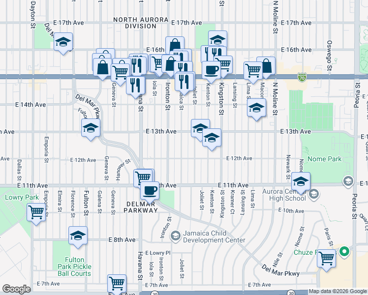 map of restaurants, bars, coffee shops, grocery stores, and more near 1210 Jamaica Street in Aurora