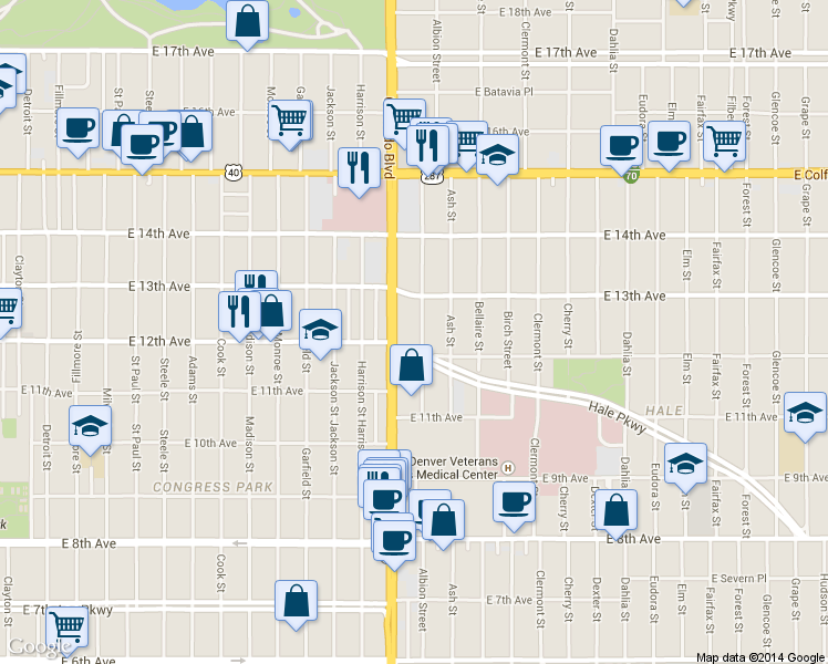 map of restaurants, bars, coffee shops, grocery stores, and more near 1201 Albion Street in Denver