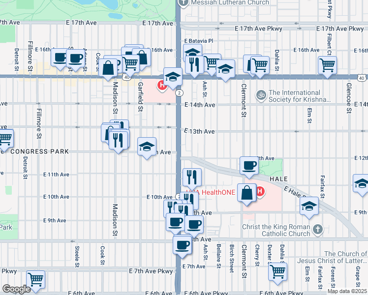 map of restaurants, bars, coffee shops, grocery stores, and more near 1201 Albion Street in Denver