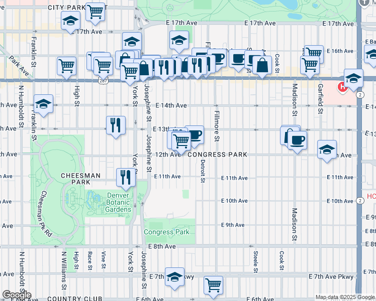 map of restaurants, bars, coffee shops, grocery stores, and more near 2700 East 12th Avenue in Denver