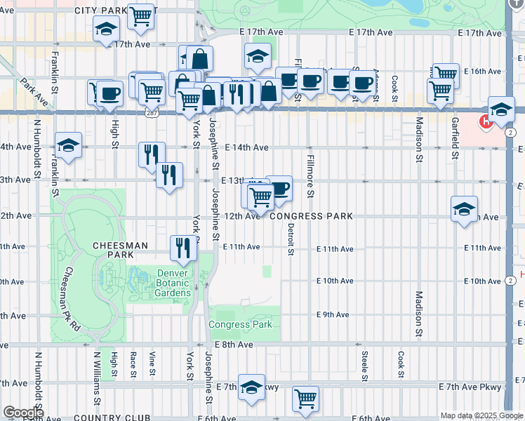 map of restaurants, bars, coffee shops, grocery stores, and more near 1167 Elizabeth Street in Denver