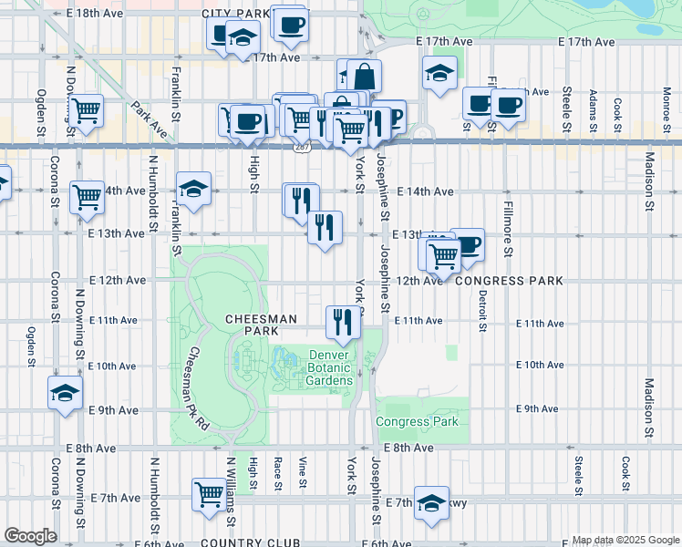map of restaurants, bars, coffee shops, grocery stores, and more near 1175 North Gaylord Street in Denver