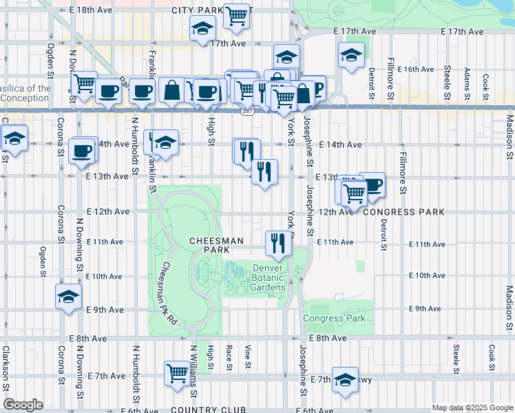 map of restaurants, bars, coffee shops, grocery stores, and more near in Denver