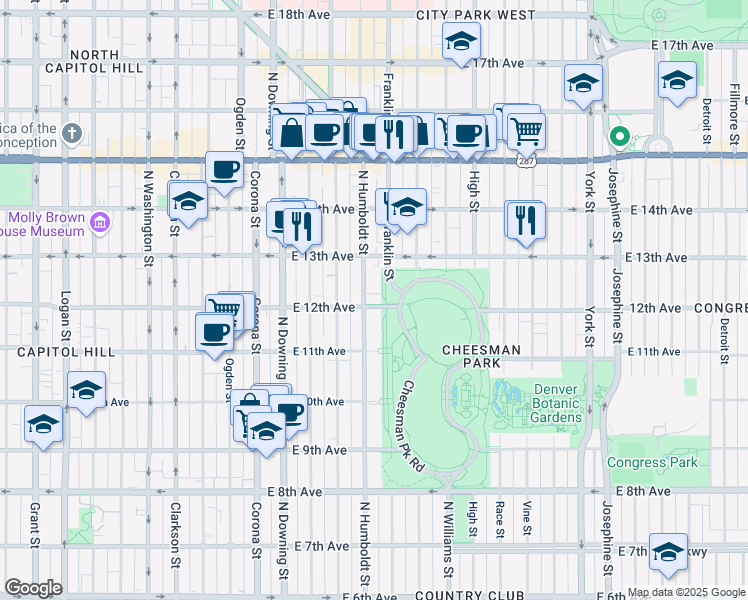 map of restaurants, bars, coffee shops, grocery stores, and more near in Denver