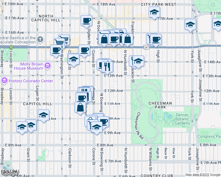 map of restaurants, bars, coffee shops, grocery stores, and more near 1168 North Marion Street in Denver