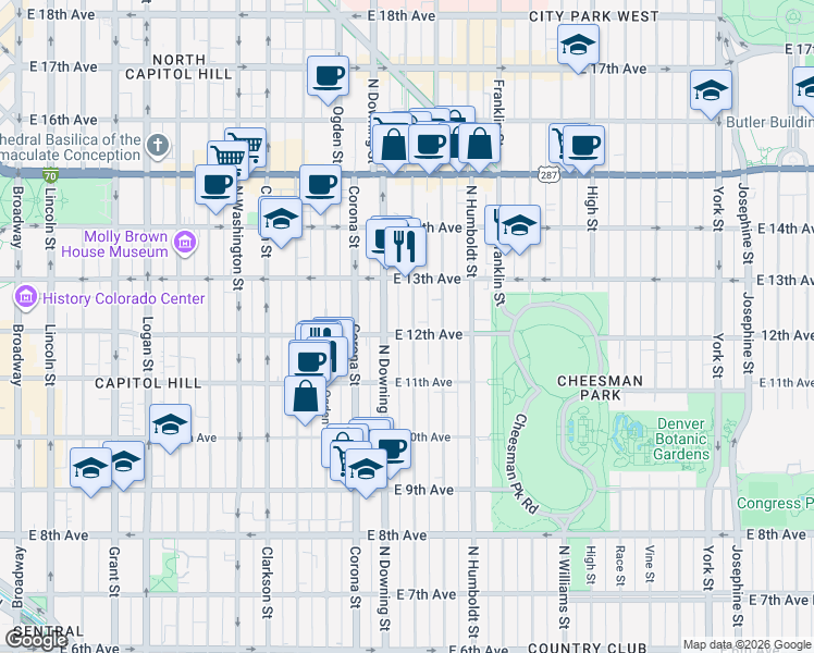 map of restaurants, bars, coffee shops, grocery stores, and more near 1168 North Marion Street in Denver
