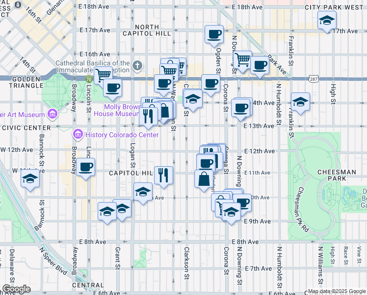 map of restaurants, bars, coffee shops, grocery stores, and more near 810 East 12th Avenue in Denver