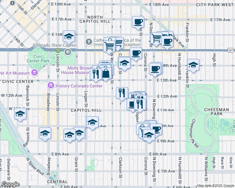 map of restaurants, bars, coffee shops, grocery stores, and more near 810 East 12th Avenue in Denver