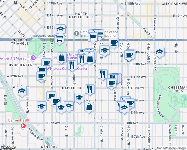 map of restaurants, bars, coffee shops, grocery stores, and more near in Denver